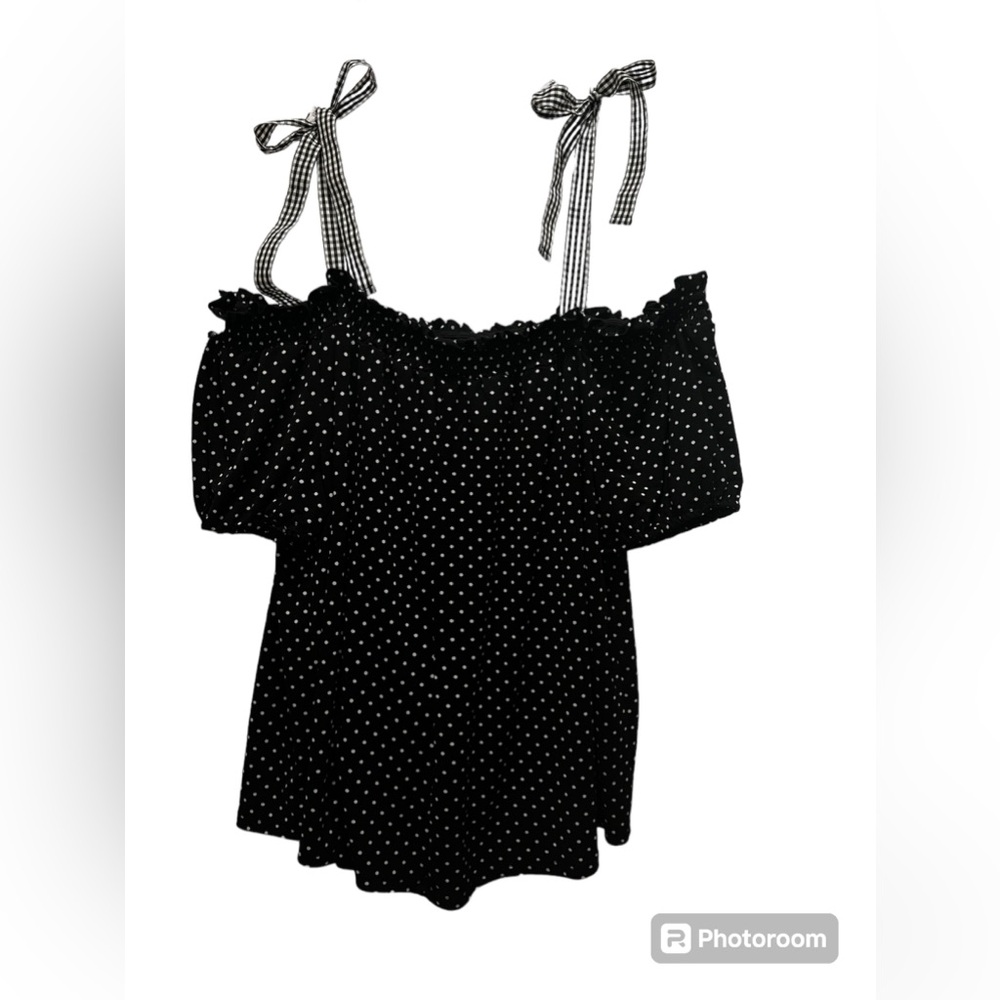 Polka Dot Top with Ruffle Detail, Gingham Shoulder Ties, Short Sleeve, Sz Large - Picture 9 of 9